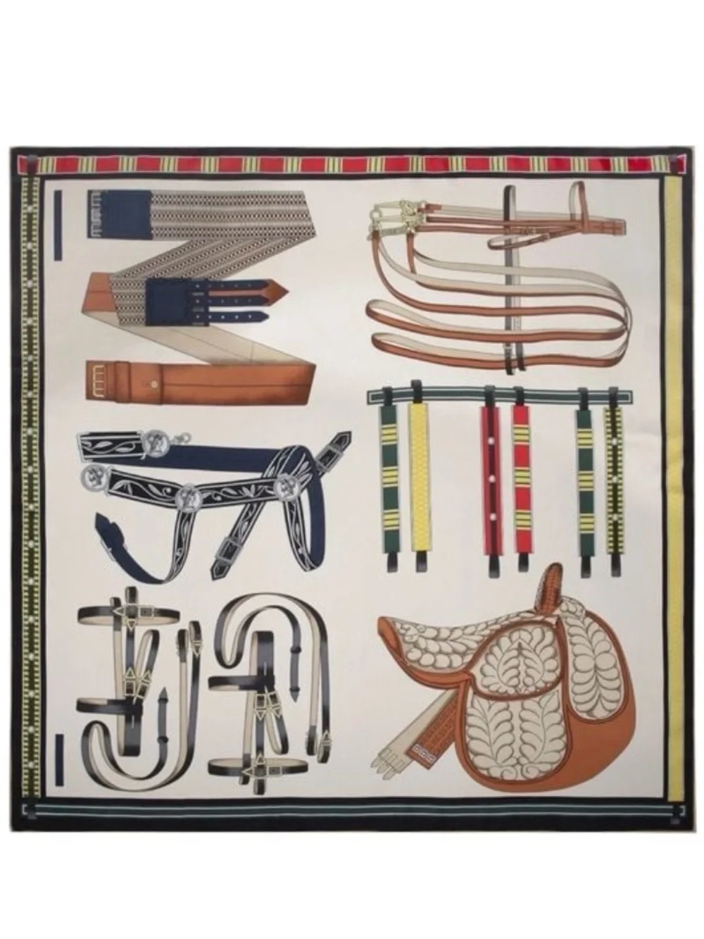 NEW Carolina Lemke Silk Equestrian Print Scarf Cream Tan Navy Western Rodeo boho